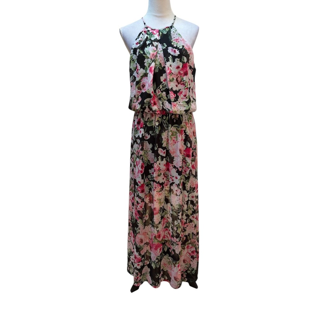 Rebecca B Floral Halter Maxi‎ Dress Black Pink Crochet Lace Back Size 12